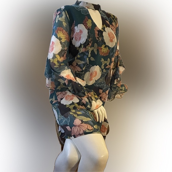 As U Wish Green and Pink Floral A-Line Dress with Ruffled Sleeves - Picture 5 of 11